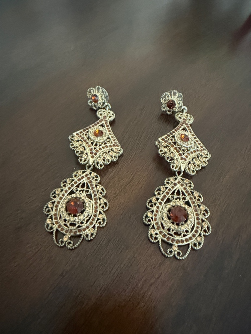 Gold-Tone Filigree Drop Earrings with Garnet-Colored Stones